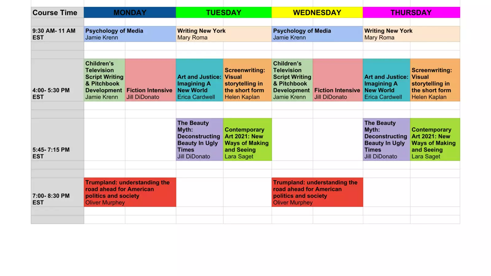 spring 21 schedule for liberal arts intensive
