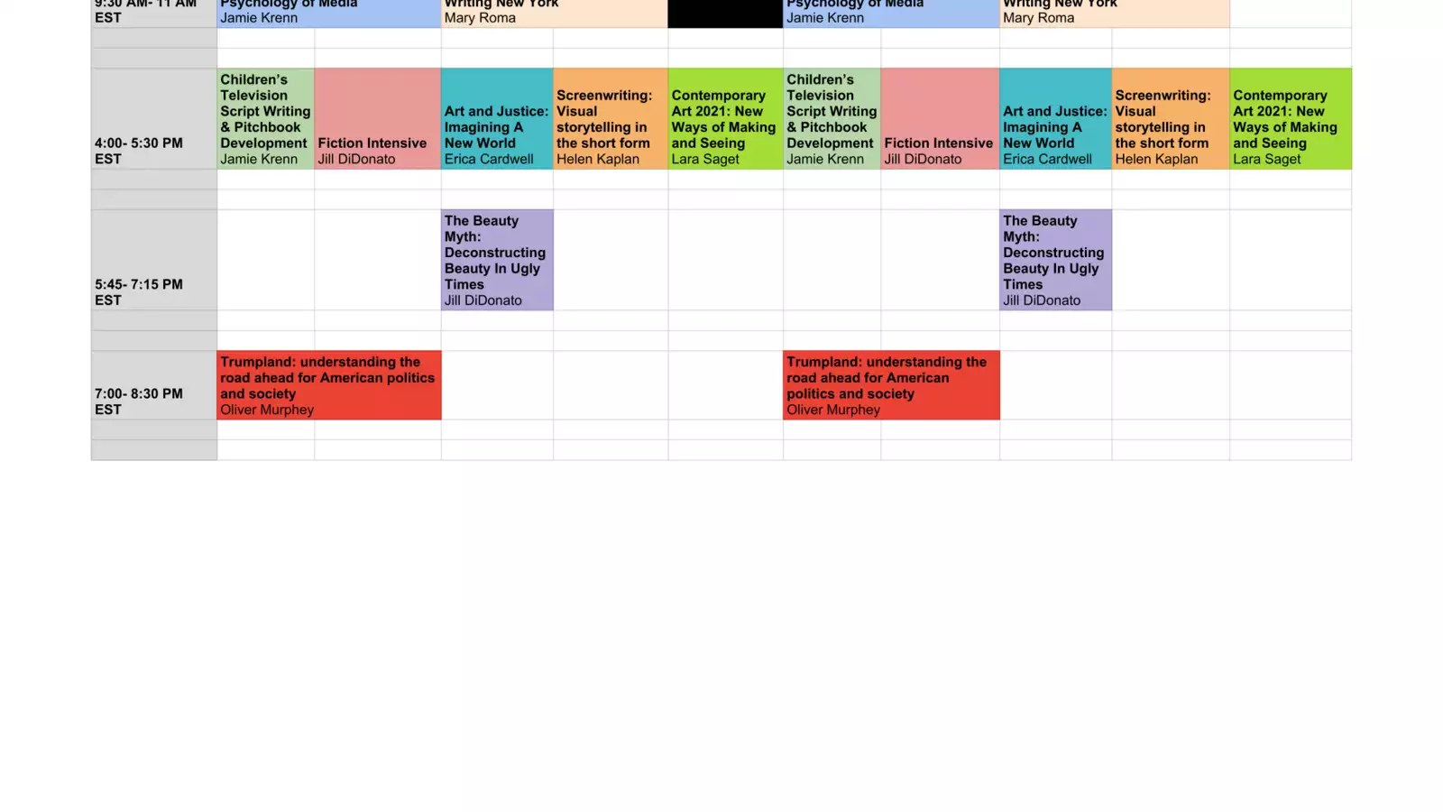 Liberal Arts Intensive Schedule